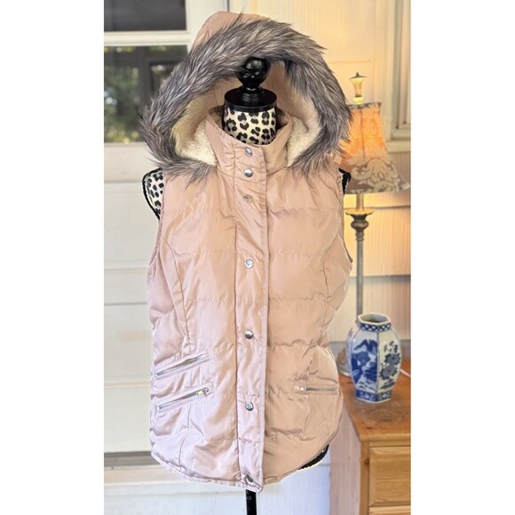 Ci Sono Women’s Beige Vest Faux Fur Hood- Zipper & Button L Sherpa Fleece Lined - Picture 1 of 12